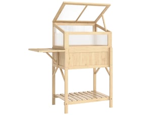 Bac surélevé avec serre en bois - bois naturel - serre pliable - table latérale - étagère inférieure