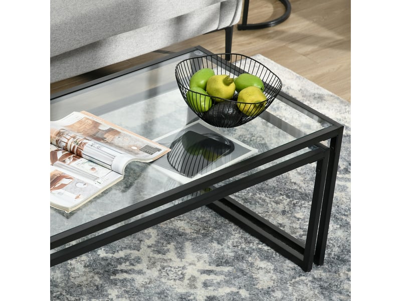  Tables basses gigognes en verre trempé et acier noir pour salon 119×56×44,5 cm transparent  - Conforama D
