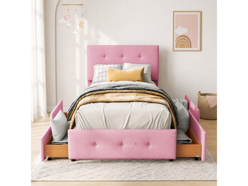  Lit simple 90x200 cm avec rangement intégré, sommier à lattes, velours rose  - Conforama D