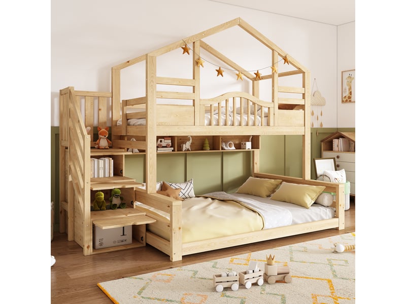  Lit superposé cabane 90 x 200 140 x 200 cm effet bois naturel avec escalier rangement, étagères, garde-corps, chambre enfant ado famille  - Conforama B