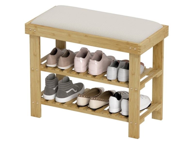  Banc à chaussures 60 x 29 x 49 cm crème et bambou, assise rembourrée, 2 étagères ouvertes pour entrée  - Conforama A