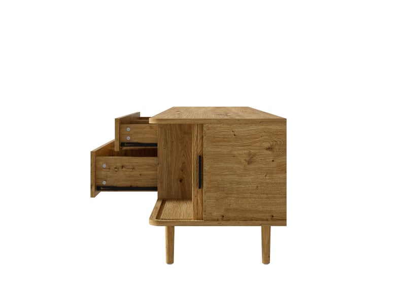  Meuble tv avec 4 tiroirs et 2 portes coulissantes, coins arrondis, pour salon, en mdf, 165×40×46 cm, finition bois  - Conforama E