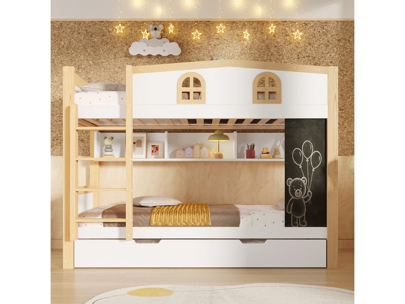 Lit superposé 90x200 cm - avec lit gigogne, espace de rangement et tableau noir amovible - mdf - blanc (sans matelas) - Conforama B