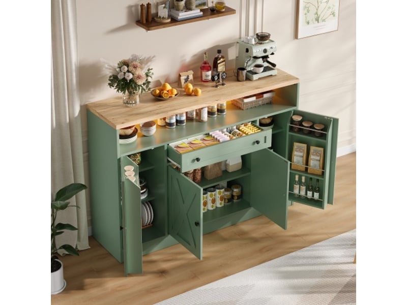 Buffet bas 140x35x95 cm avec éclairage led rgb, tiroir et 4 portes en mdf, couleur vert, design moderne - Conforama E