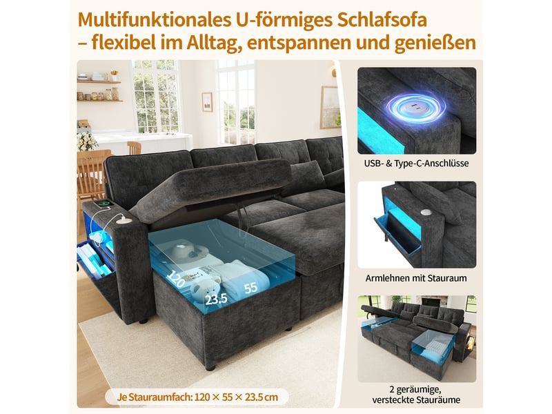  Canapé panoramique en u convertible 4 places avec rangement, led et ports usb-c, en chenille gris, 273 × 131 × 83 cm  - Conforama E