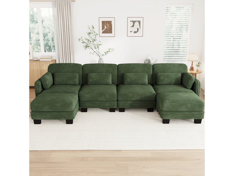  Canapé modulaire en u 4 places 330x143x88 cm, design ergonomique, assise spacieux profonde, 2 poufs, tissu en chenille, vert  - Conforama B