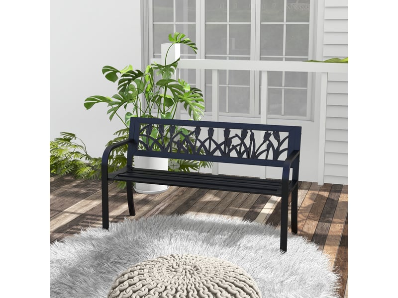  Banc de jardin 2 places en acier avec dossier et accoudoirs décorés, 125 x 50 x 75 cm, noir  - Conforama D