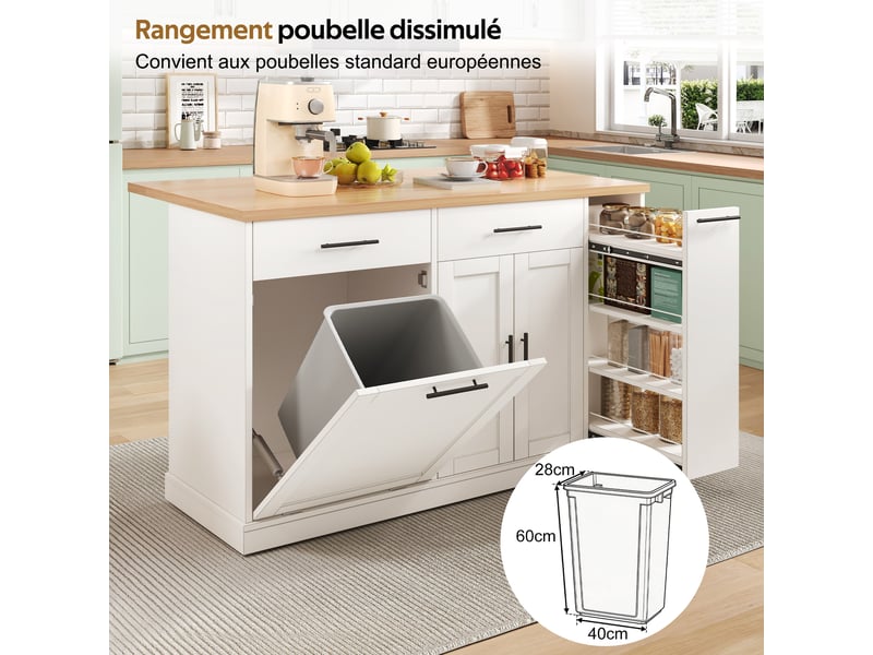 Îlot de cuisine 120x45-70x93 cm avec plateau rabattable, 2 tiroirs, étagère à épices 4 niveaux, rangement, mdf blanc - Conforama R
