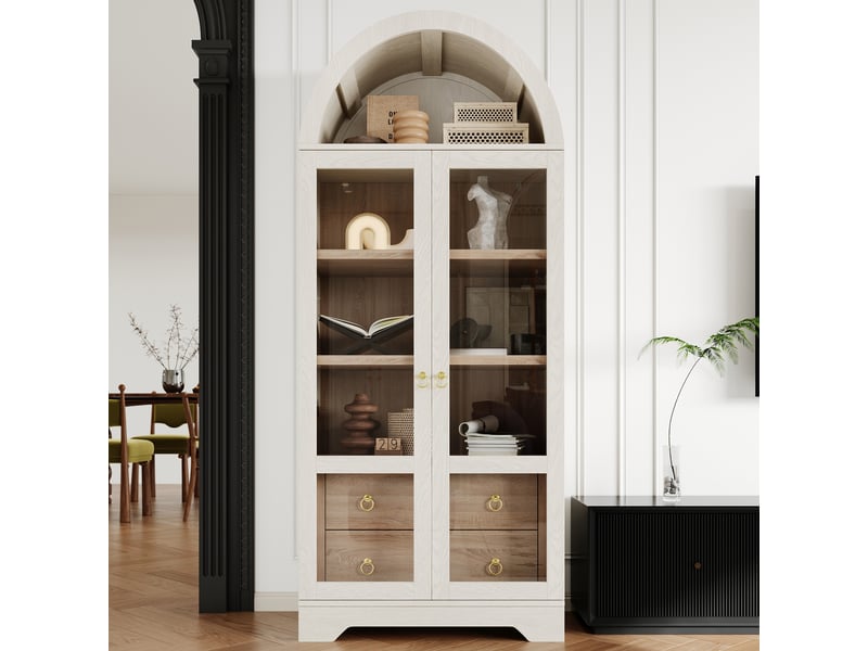  Buffet haut 76,2x40,1x180 cm avec portes vitrées, 2 tiroirs et étagères réglables, meuble de rangement cuisine mdf blanc OMNIGLINT TRADING LTD - Conforama B