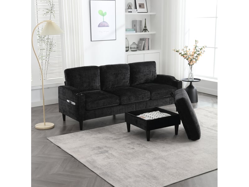  Canapé 4 places modenvie avec pouf de rangement en chenille noir 196,5 x 75 x 77 cm  - Conforama E