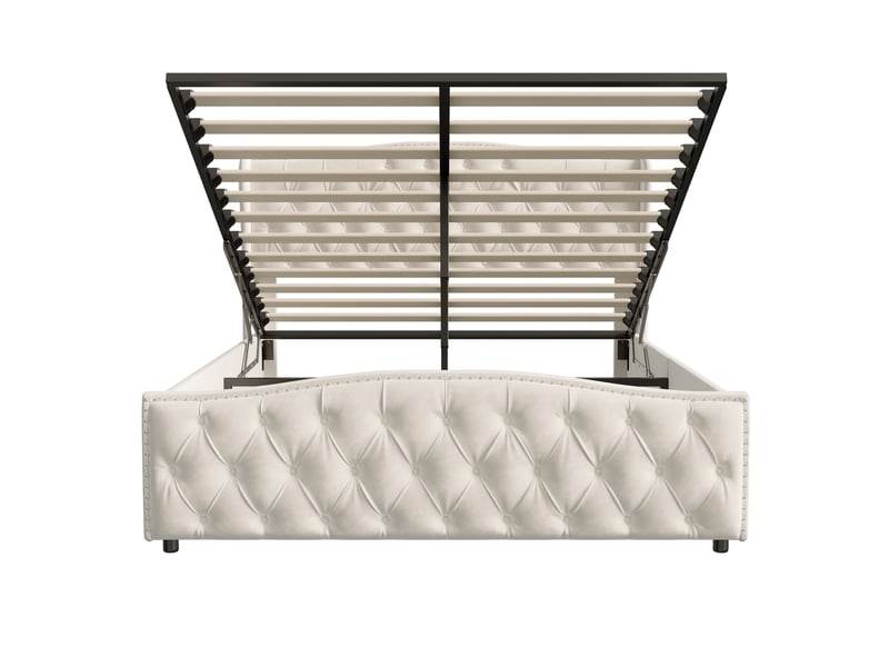  Lit 140x190cm - lit coffre 140x190cm - lit rembourré avec tête de lit à motifs vagues et rivets et sommier relevable - blanc  - Conforama A
