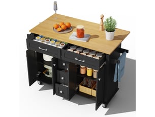 Îlot de cuisine noir et naturel 140 x 65 x 89 cm – chariot de cuisine roulant avec plan extensible 120 x 65 cm, 5 tiroirs et 2 placards