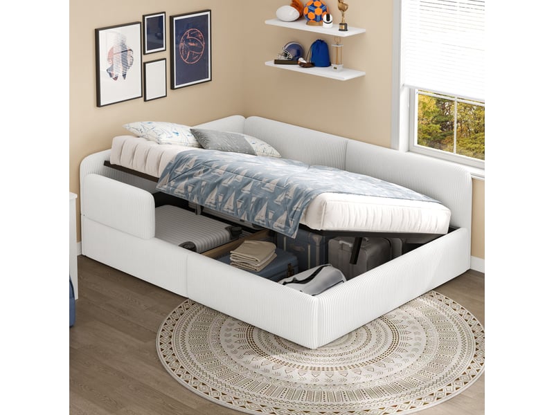 Lit banquette avec rangement sous couchage, revêtement en velours côtelé, blanc – 140 x 200 cm IKSETERA TRADING LTD - Conforama B