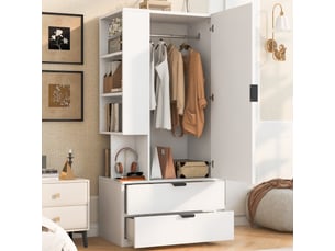 Armoire-penderie 70x50x170cm avec 2 grands tiroirs, étagères multiniveaux et espace de suspension, meuble de rangement multifonction, blanc
