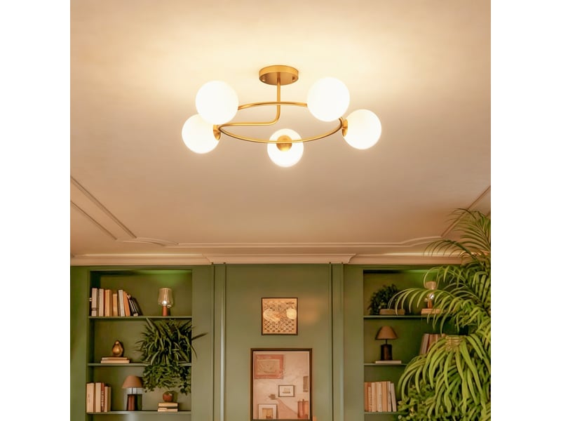  Plafonnier moderne à 5 lumières, anneau doré et globes en verre blanc, culots g9 pour salon et salle à manger, ø 64 cm  - Conforama B