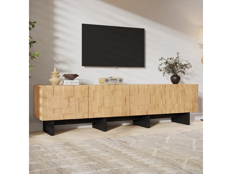  Meuble tv bas 180 cm, finition bois naturel, avec façades en relief  - Conforama D
