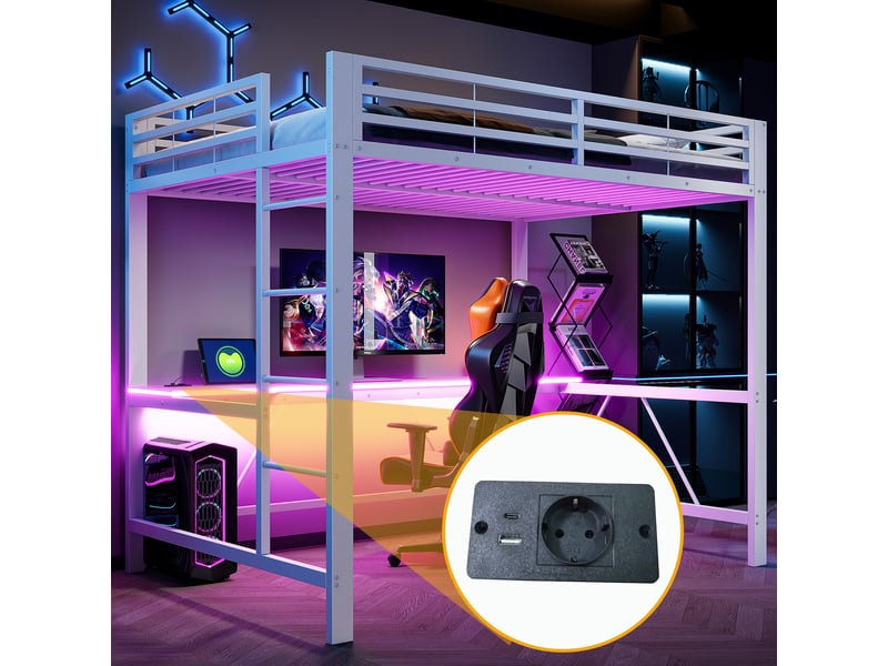  Lit mezzanine gaming 140x200 cm blanc, avec bureau, led, usb, rangements, structure métal, sommier inclus, sans matelas  - Conforama B