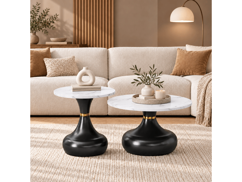  Lot de 2 tables basses rondes ø 70 et 50 cm, table d'appoint, plateaux effet marbre blanc, piètements noirs et dorés - noir et blanc  - Conforama C