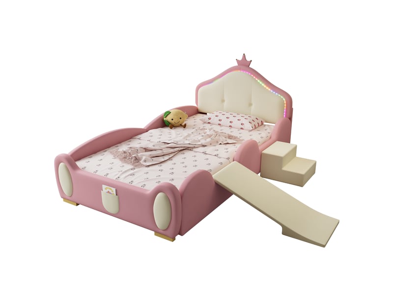  Lit enfant 90x200 cm avec toboggan, lit princesse avec escalier et ruban led multicolore, design de couronne de dessin animé, sommier à lattes, rose  - Conforama A