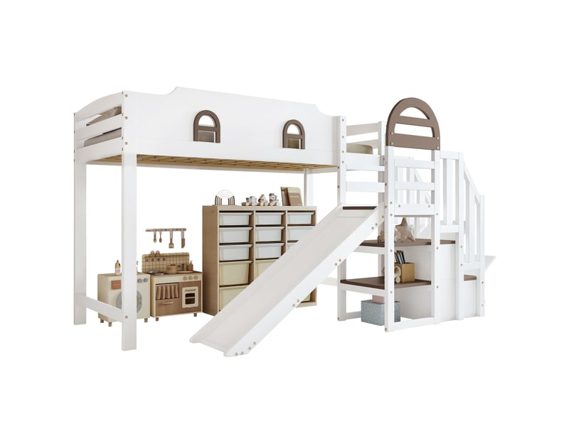 Lit superposé enfant avec toboggan, escalier de rangement, blanc et marron, 90 x 200 cm - Conforama A