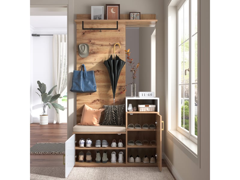  Vestiaire d'entrée avec miroir meuble à chaussures et banc 105x40x190,5 cm  - Conforama E