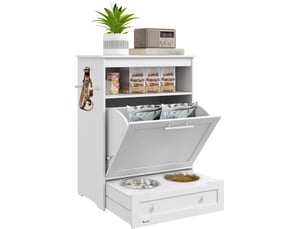 Meuble de repas  61 x 35,5 x 82 cm – blanc – 2 bols en inox, rangement coulissant