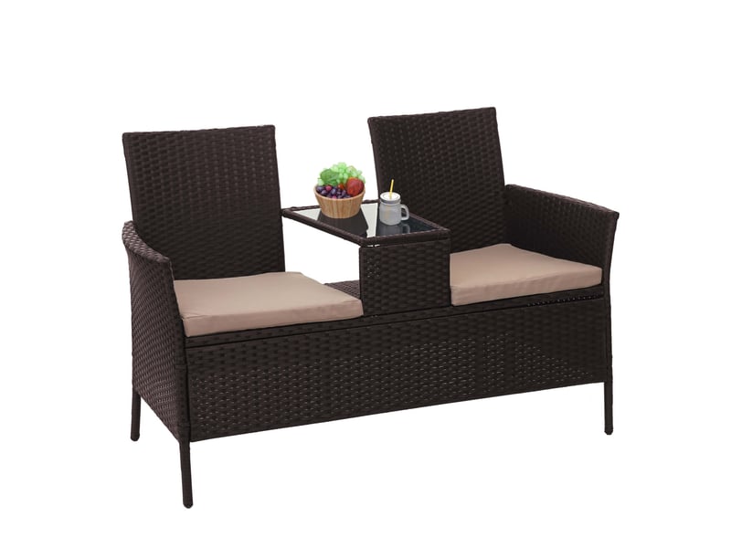 Banc en polyrotin avec table fauteuils chaises de jardin 132cm marron coussin crème 04_0001138 - Conforama E