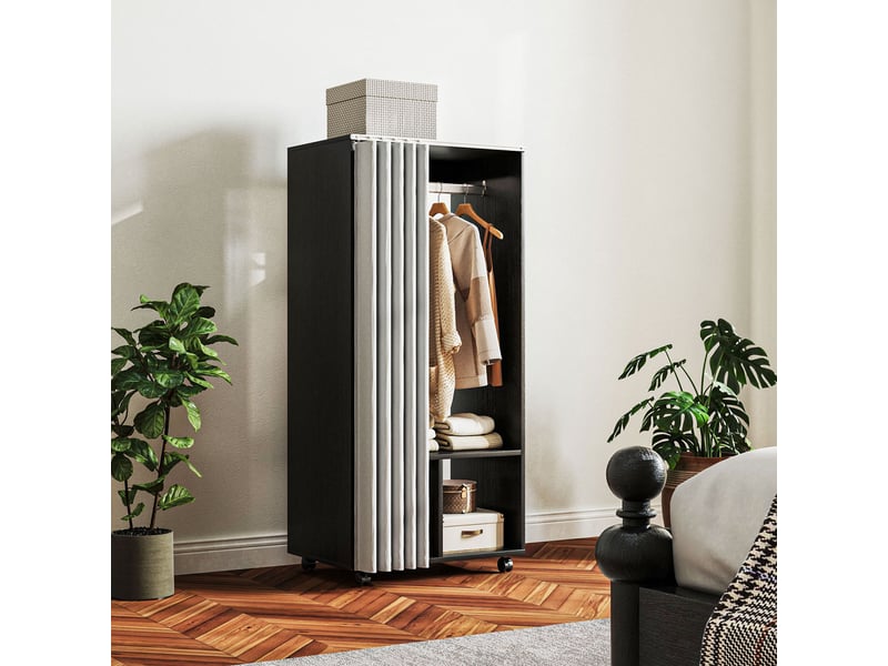  Armoire penderie armoire de rangement mobile avec rideau, panneaux de particules, tringle de suspension, noir  - Conforama C