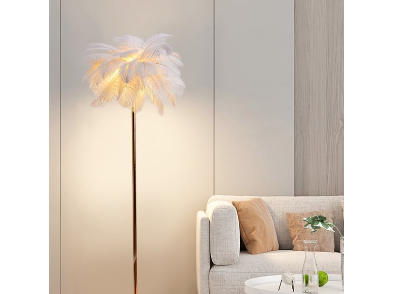 Lampadaire en plumes d'autruche naturelles - corps doré, 3 couleurs à intensité variable - Conforama C
