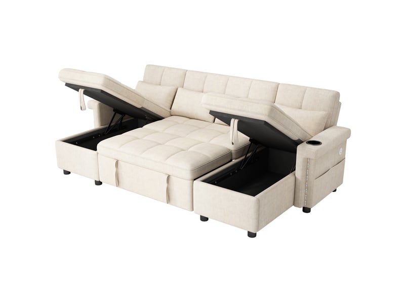  Canapé panoramique convertible en lit  268,5 cm, 4 places en u avec 2 méridiennes de rangement, dossier réglable, led, usbtype-c, chenille, beige  - Conforama A