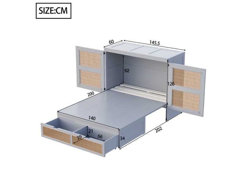  Lit escamotable tcqpz 140 x 200 cm avec sommier, rangements et tiroirs, design rotin, gris  - Conforama C