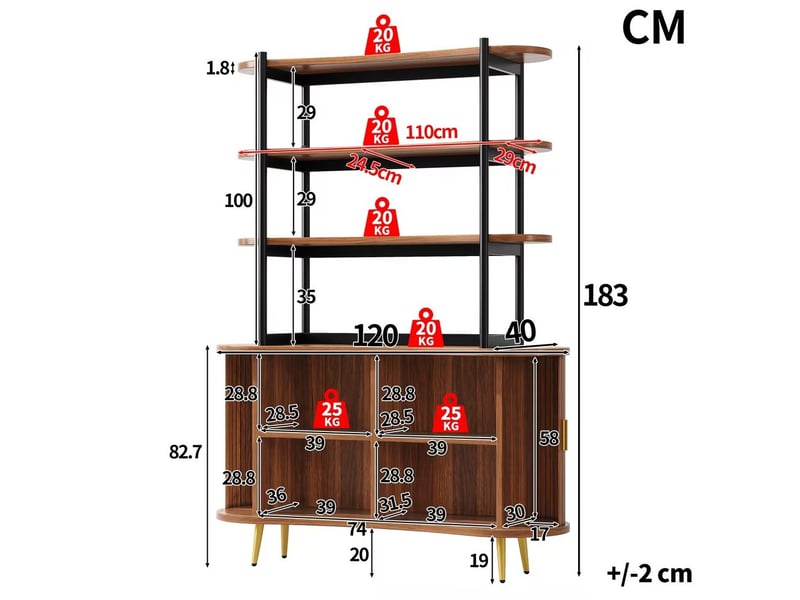 Buffet haut 120x40x183 cm avec portes coulissantes et étagère ouverte, bois foncé - Conforama C