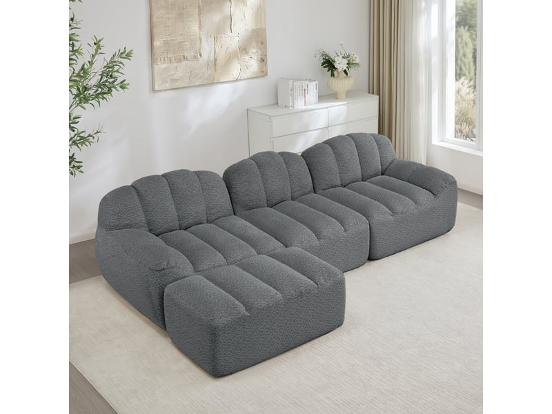  Canapé d'angle modulaire 3 places avec ottoman, assise profonde et soutien ergonomique, en tissu gris  - Conforama C
