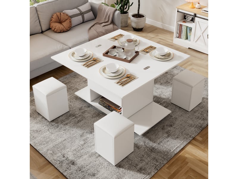  Table basse relevable carrée blanc - 100x100 cm panneau de particules table basse blanc - Conforama E