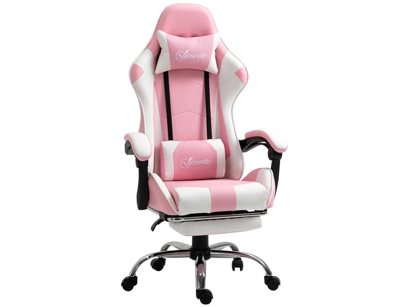 Chaise gaming ergonomique rose et blanche, réglable en hauteur, pivotante à 360°, avec appui-tête et coussin lombaire - Conforama A