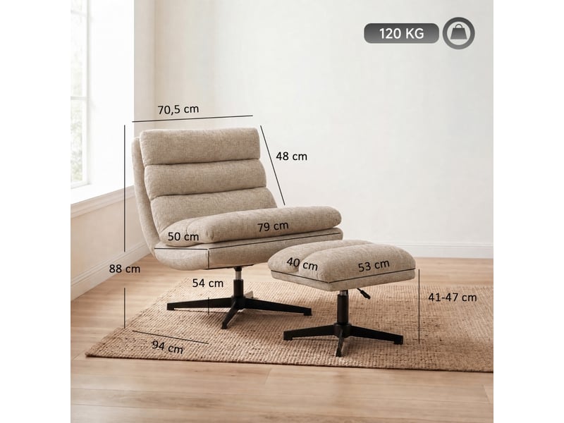  Fauteuil de salon - fauteuil lounge avec repose-pieds, fauteuil pivotant en chenille avec repose-pieds réglables en hauteur, brun  - Conforama D