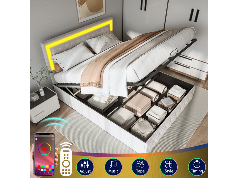  Lit adulte 140x200 cm beige avec éclairage led et coffre hydraulique - velours doux, sommier à lattes, rangement spacieux, charge 280 kg  - Conforama D