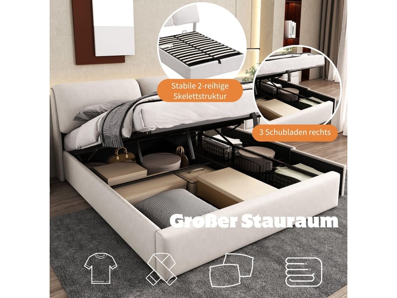  Lit coffre 140x190 cm, lit rembourré en velours beige, avec 3 tiroirs,  rangement hydraulique et tête de lit  - Conforama D