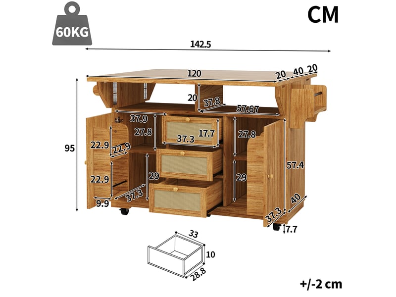 Servierwagen extensible, 95 cm wagen de cuisine avec tiroirs en pe rotin, chariot mobile pour cuisine, balcon et camping, marron foncé  - Conforama C