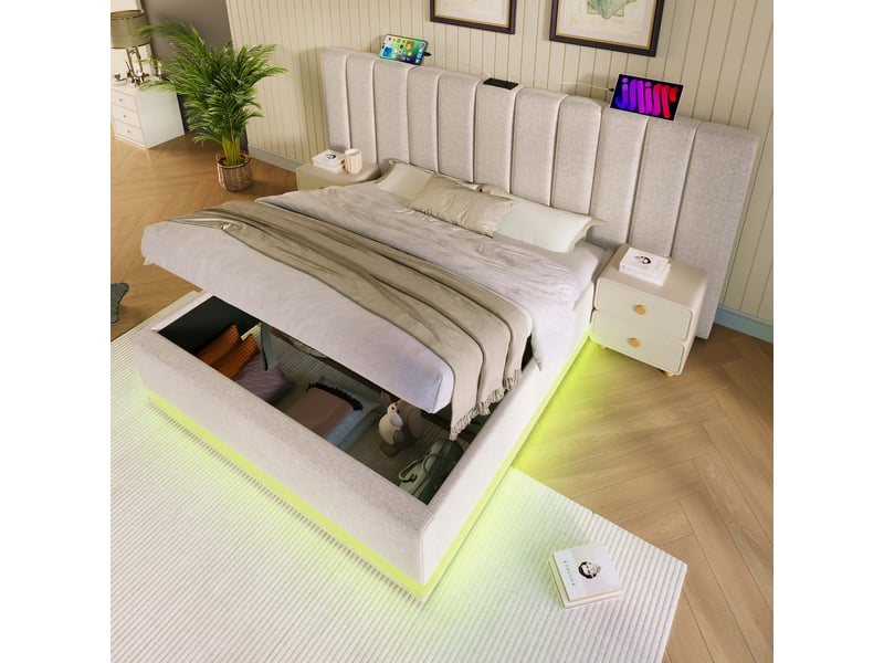  Lit coffre 180x200 cm, rangement hydraulique, 2 tables de chevet, éclairage led, usb et usb-c, sommier à lattes pour chambre - beige  - Conforama E