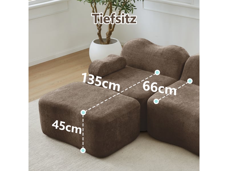 Canapé modulable 3 places en velours marron, design panoramique sans cadre avec 2 ottomans, structure ondulée pour salon moderne - Conforama D
