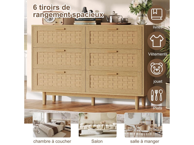  Commode 6 tiroirs - 115x40x80cm - meuble de rangement effet rotin tressé &amp; pieds en bois - chêne clair  - Conforama D