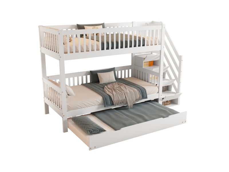  Lit superposé 90x200 cm avec lit gigogne 90x190 cm, 3 couchages, escalier avec rangements, garde-corps de sécurité, bois blanc pour chambre enfant  - Conforama A