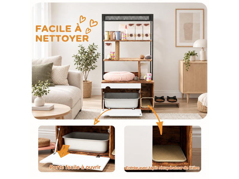  Meuble cache-litière 2-en-1 80x48x152 cm，avec étagère 3 niveaux, poteau à griffer et porte rabattable, brun rustique  - Conforama E