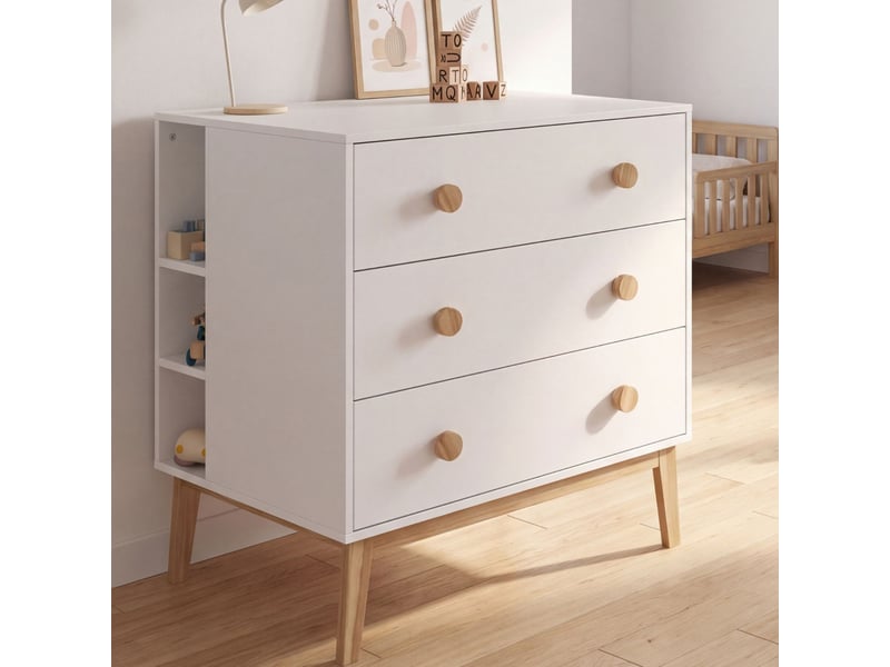  Commode à langer jacob blanc et bois 3 tiroirs, table à langer amovible et 2 étagères  - Conforama C