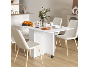 Table pliante gain de place à 2 rabats pour 6 personnes avec étagères et roulettes coloris blanc