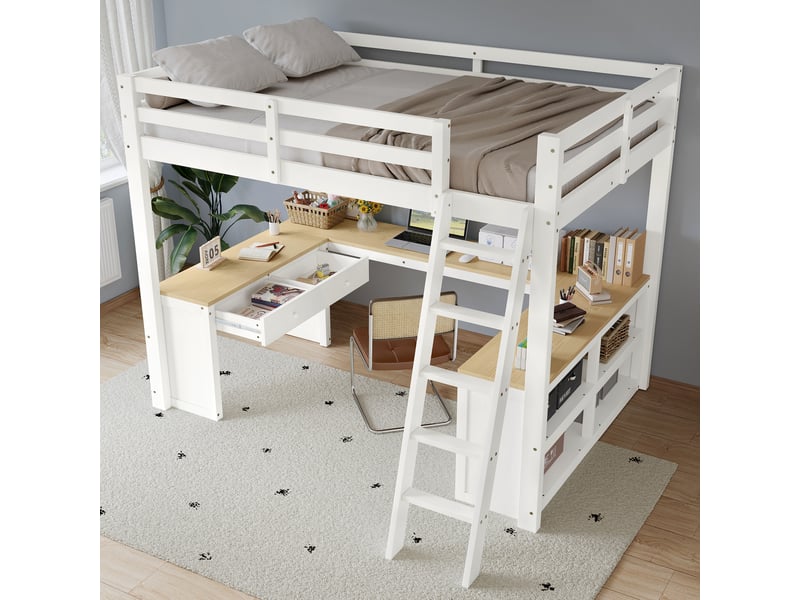  Lit mezzanine 2 places 140 x 200 cm avec bureau en u, 2 tiroirs, étagère, échelle inclinée 5 marches, pin et mdf, blanc et effet bois naturel  - Conforama C