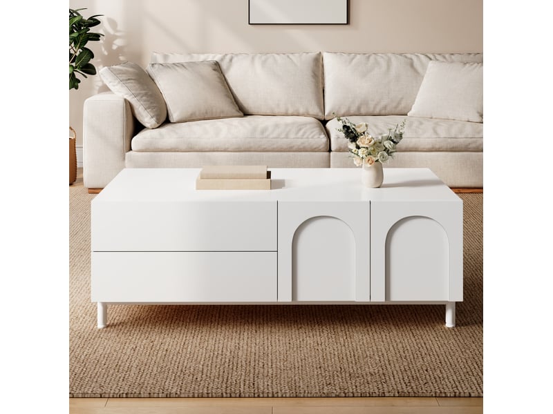  Table basse rectangulaire 100 x 50 cm avec 2 tiroirs et 2 portes, blanche  - Conforama E