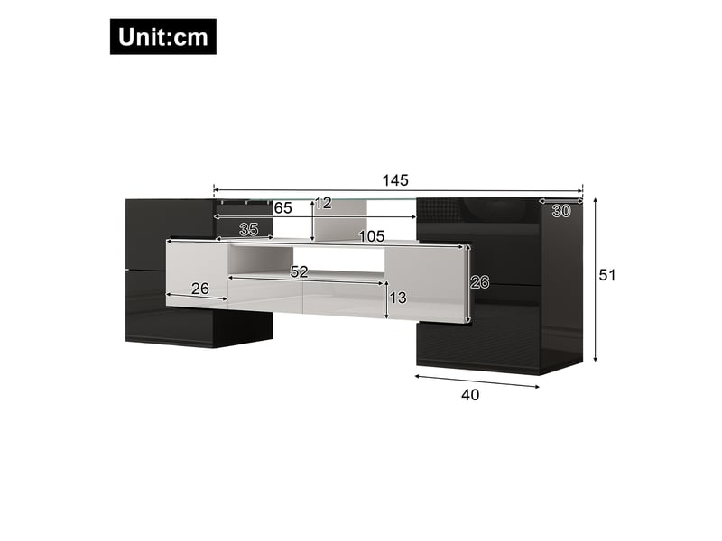 Meuble tv blanc brillant et béton 145 cm avec éclairage led multicolore et surface en verre - Conforama C