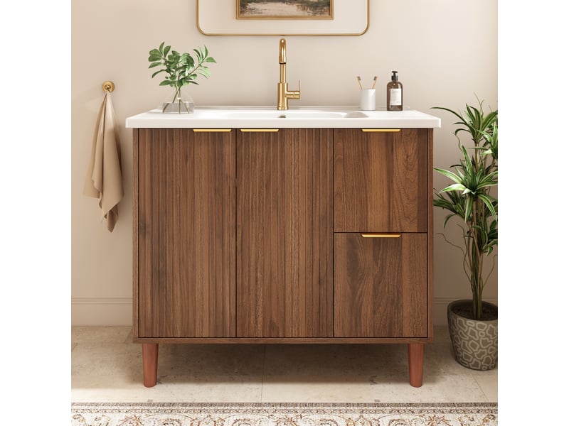  Meublede salle de bain 91 cm avec vasque céramique, 91 x 47 x 87 cm,noyer,panneau mdf,portes battantes et tiroirs, façade cannelée  - Conforama W